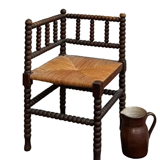 French Antique Bobbin Corner Chair with Rush Seat