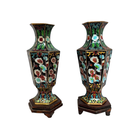 Pair of Enamel Decorated Cloisonne Vases on Stands