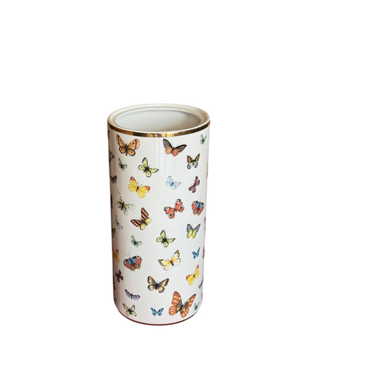 White & Gold Butterfly Ceramic Umbrella Stand