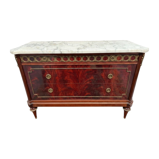 French Louis XVI Style Flame Mahogany Marble Top Commode