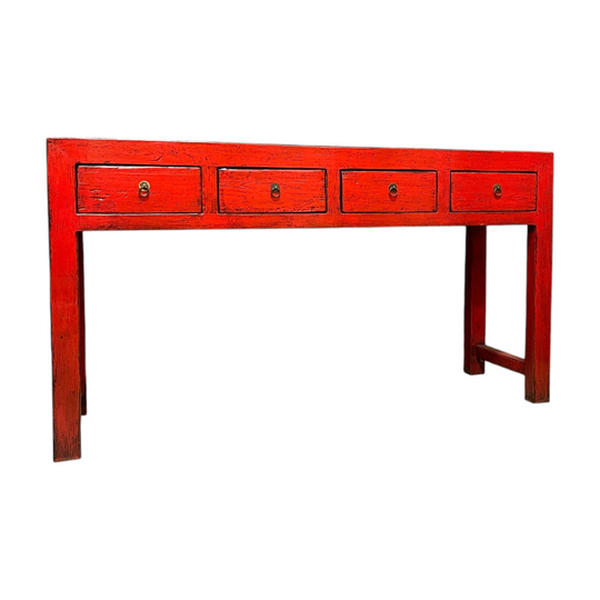 Chinese Red Lacquered 4-Drawer Hall Table