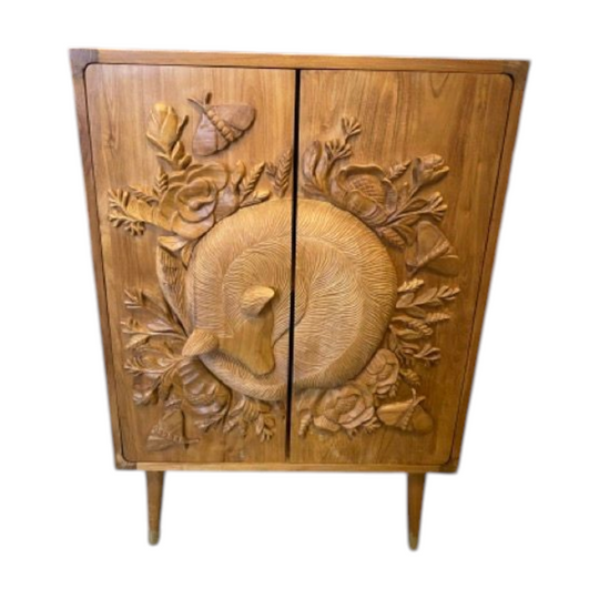 Hand Carved Sleeping Fox Teak Cabinet