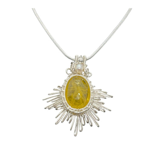 10 ct Natural yellow sapphire pendant, Sterling silver pendant Seed pearls, antique, handmade,  Sterling silver,  Pendant, Gift