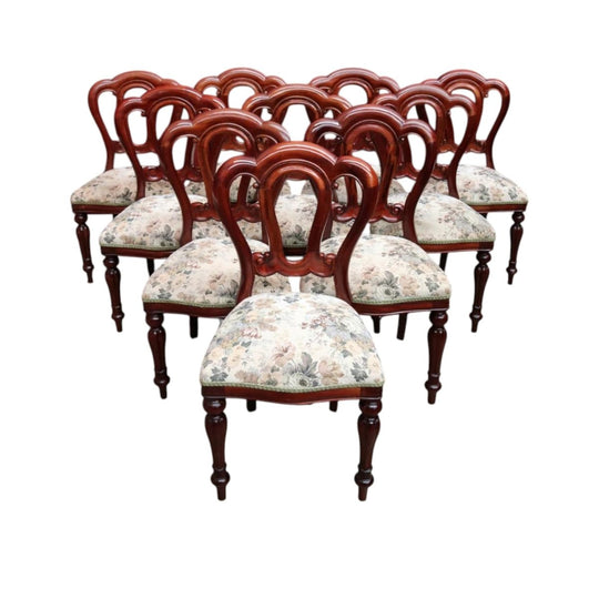 10 English Mahogany Dining Chairs Vintage Fiddle Back Turned Legs. B12960