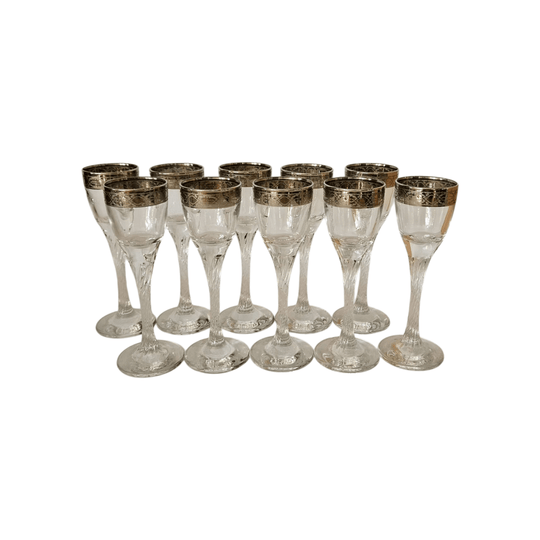 10 x Vintage Cristalleria Fratelli Fumo Shot Glasses with Twisted Stems