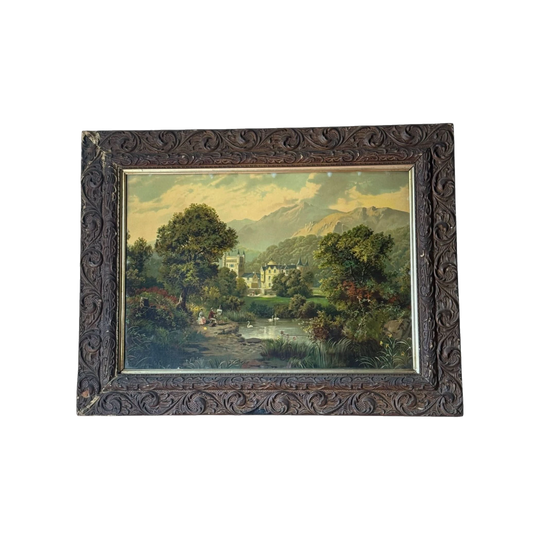 Vintage Scenery Print in Antique Victorian Frame with Original Handblown Glass, 85.5 x 66 cm