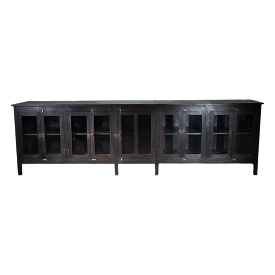 Vintage Wooden Sideboard with Five Cabinets and Double Glass Doors, 3.08 m Length (#39)