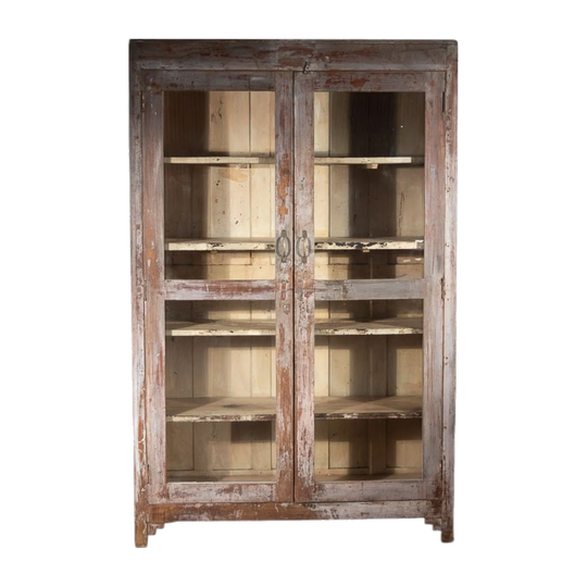 Vintage White-Washed Cabinet with Glass-Fronted Doors