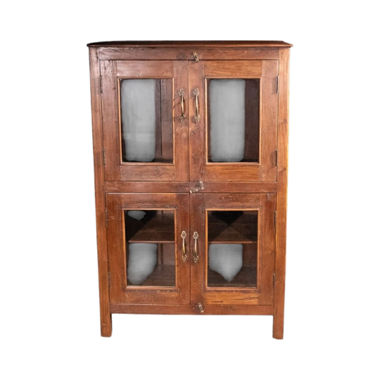 Vintage Wooden Cabinet with Four Glass‑Fronted Doors and Lower Shelf – C057