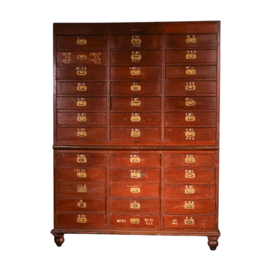 Vintage Industrial Multi-Drawer Factory Cabinet with 36 Drawers and Brass Pulls – No. 9