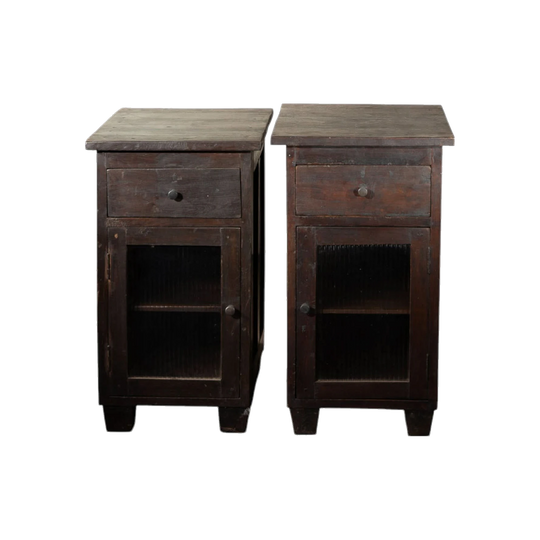 Vintage Timber Bedside Cabinet with Glass-Fronted Door and Drawer