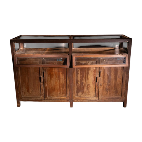 Vintage Wooden Cabinet with Glass-Front Display Case Top, Four-Door Shelved Storage (C-14)