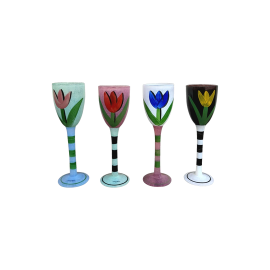 Set of 4 Kosta Boda Tulipa Goblets by Ulrica Hydman‑Vallien – Hand‑Blown & Hand‑Painted, Sweden, Early 1990s