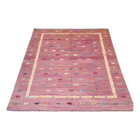 Persian Hand-Knotted Barjesteh Kilim Rug, Pink with Multicolour Heart Motifs, 298 x 200 cm