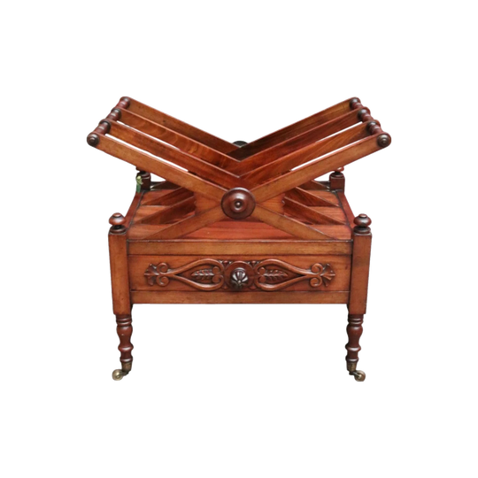 Antique English Mahogany Music Canterbury, X-Frame Dividers, Drawer and Brass Castors, c.1860