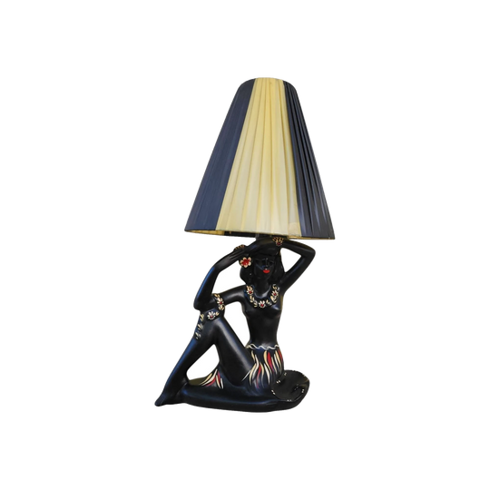 George Barsony Hula Girl Ceramic Lamp and Ashtray, Original Pleated Black Ribbon Shade, Sydney 1950s