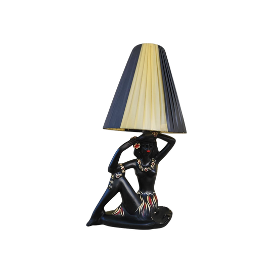 George Barsony Hula Girl Ceramic Lamp and Ashtray, Original Pleated Black Ribbon Shade, Sydney 1950s
