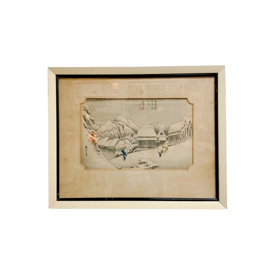 Antique Japanese Scene Woodblock Print, Framed, 1950s