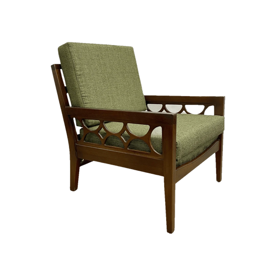 Mid-Century Avalon Solid Wood Armchair with Geometric Cut-Out Sides, Melbourne, c.1960s – New Warwick Cushion Covers