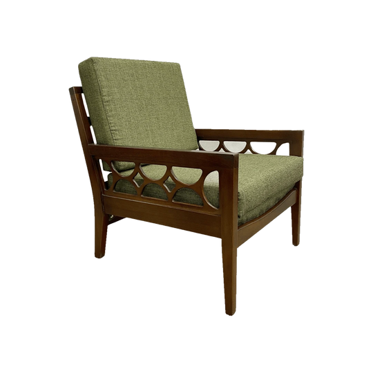 Mid-Century Avalon Solid Wood Armchair with Geometric Cut-Out Sides, Melbourne, c.1960s – New Warwick Cushion Covers