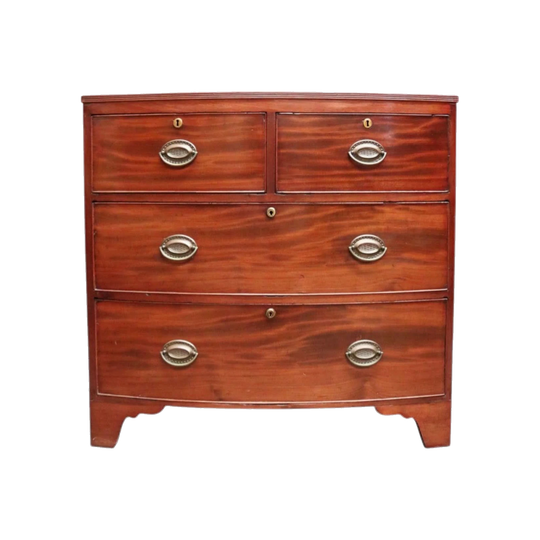English Georgian-Style Bow Front Chest of Drawers, 1940s, Mahogany, Brass Handles – Four Drawers