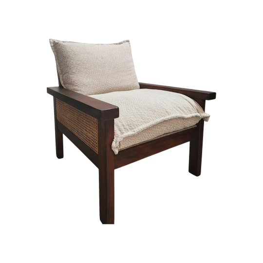 Upcycled Mid-Century Pine and Wicker Armchair, Chocolate Walnut Satin Stain, Bouclé Upholstery