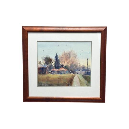 Jack Walsh ‘Country Splendour’ Watercolour Painting, Farmhouse and Barn near Avoca, Walnut Frame
