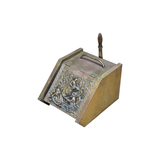 Victorian Embossed Brass Coal Scuttle with Lift-Up Lid and Shovel, England c.1870