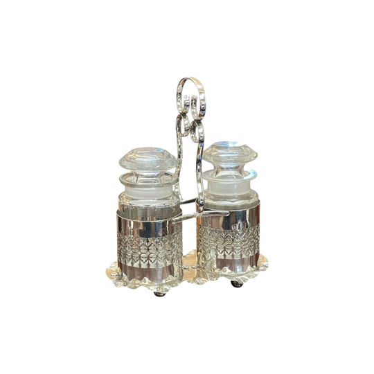 Edwardian Two-Bottle Pickle Cruet Set on Silver-Plated Stand, England, c.1910