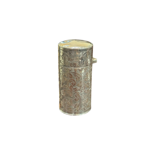 English Sterling Silver Perfume Bottle, c.1906 – Hallmarked, All-Over Engraved, Flip-Top Lid with Glass Insert