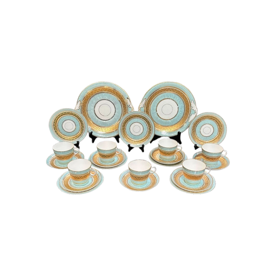 Antique English Tea Set, Hand-Painted Turquoise & White with Gilt, c.1900, 23-Piece (Unmarked)