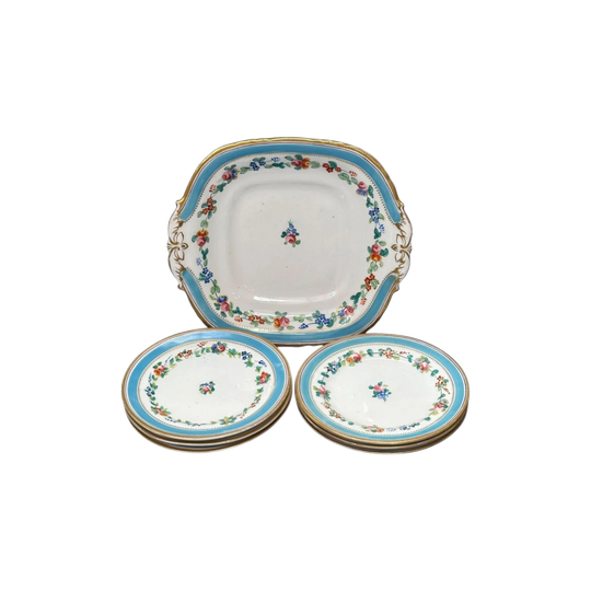 Davenport English 7-Piece Floral Plate Set with Cake Plate, c.1840, Hand-Painted Rims
