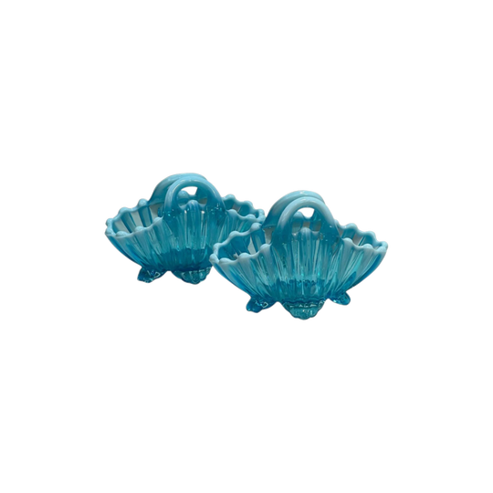 Pair of English Davidson Blue Vaseline Glass Baskets, c.1900
