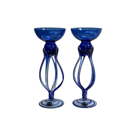 Pair of Krosno Jozefina Handmade Blue Glass Candle Holders with Tri‑Swirled Stems, 30 cm