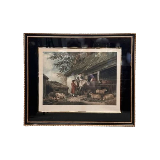 English Antique Stable Scene Print, c.1860, Framed with Glass