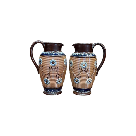 Pair of Royal Doulton Stoneware Jugs, England, c.1900, Blue Glaze with Floral Design