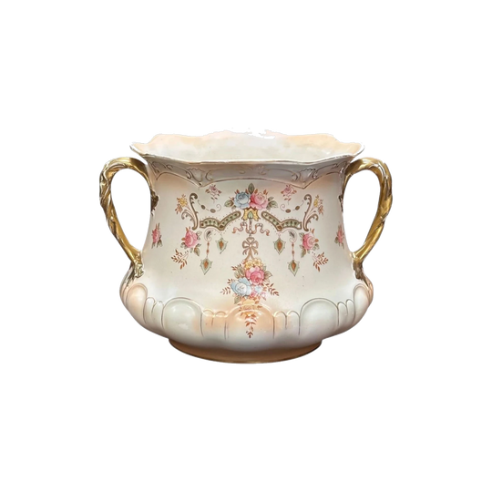 Royal Crown Derby Double-Handled Jardiniere, Blush Ivory Glaze, Gilt Handles, Floral Motif, c.1890