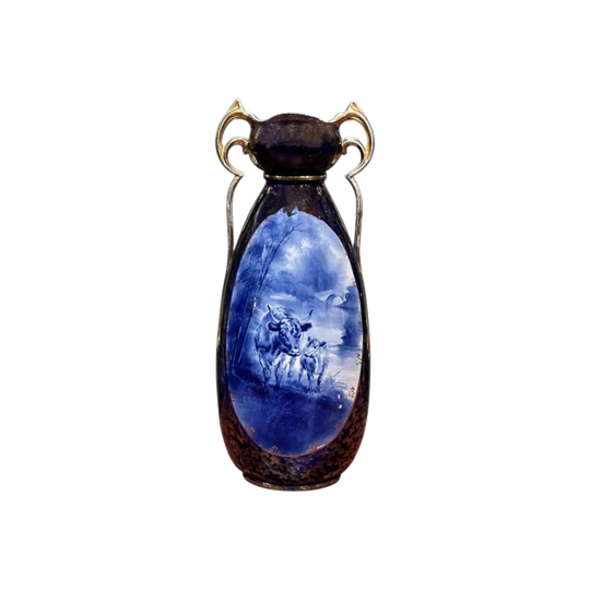 English Remington Double-Handled Vase, Blue Glaze with Gilt, Hand-Painted Rural Scenes, c.1900