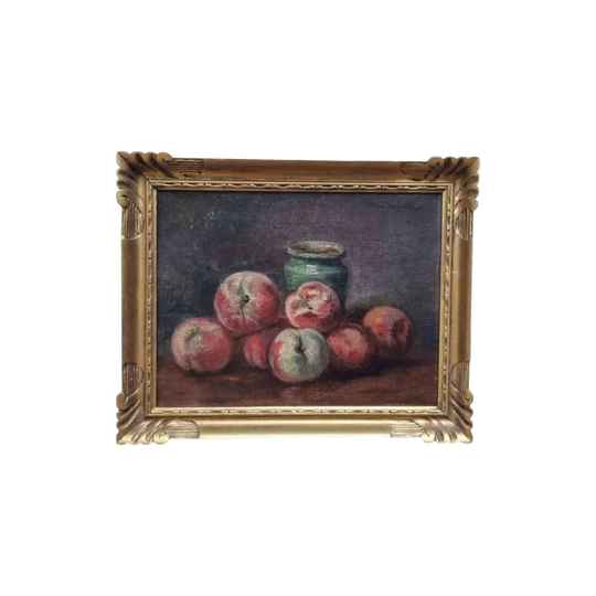 Marie Deloriere French Still Life with Peaches and Jug, Oil on Canvas Board, Signed, Late 19th–Early 20th Century, Original Gilt Frame
