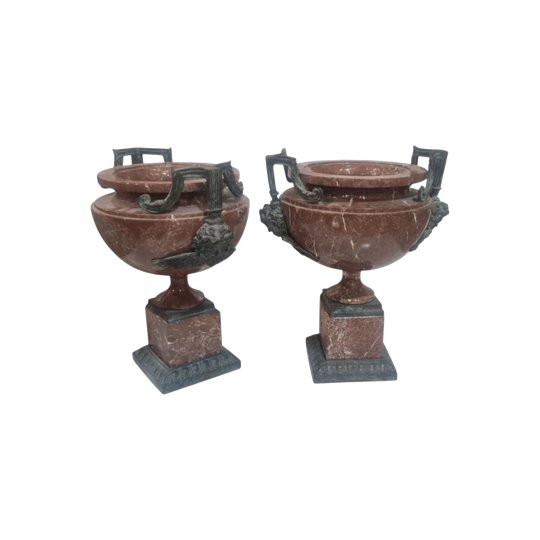 Pair of Italian Neoclassical Rouge Marble Urns with Verdigris Bronze Mounts, Early 20th Century