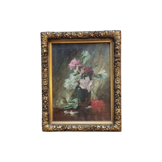 Antique French Still Life of Flowers, Signed Oil on Canvas by Jean Claude Boyer, Late 19th to Early 20th Century, Original Gilt Frame