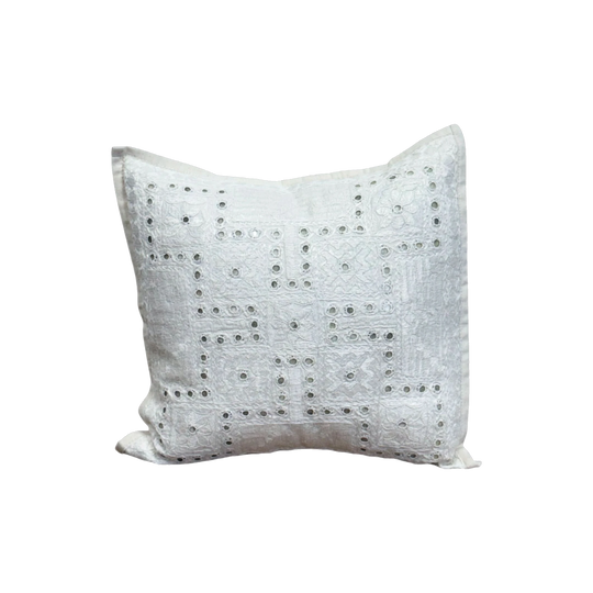 Gujarati Embroidered Cushion with Mirrorwork – Small, White Cotton