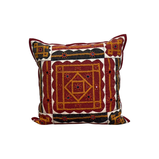 Indian Cotton Geometric Embroidered Cushion — Magenta, Orange, White