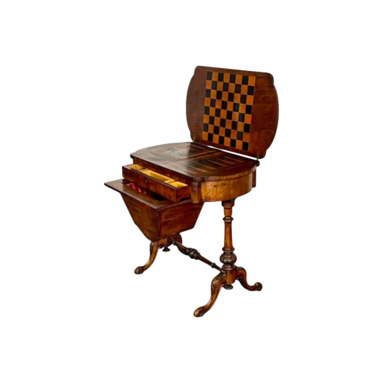 Antique English Victorian Inlaid Walnut Games and Sewing Table, Swivel-Top, 1870s