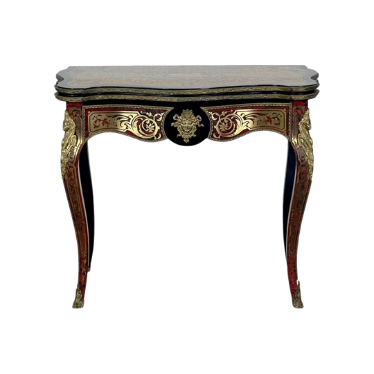 Antique French 19th-Century Louis XV Style Card / Games Table, in the Manner of André-Charles Boulle, Brass & Tortoiseshell Inlay