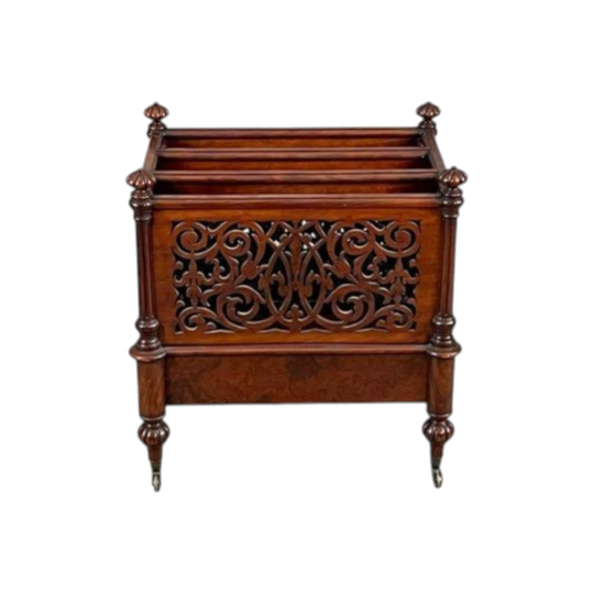 1850s English Early to Mid-Victorian Walnut Music Canterbury, Box Form, Pierced Carving, Drawer, Original Brass Castors