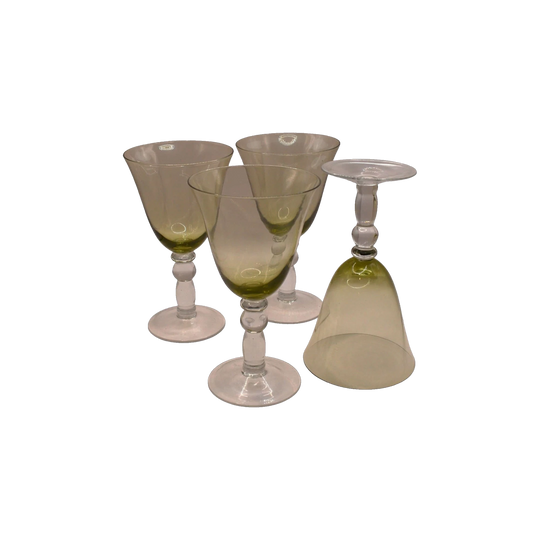 Green Glass Goblets with clear ball stems. Set of 4