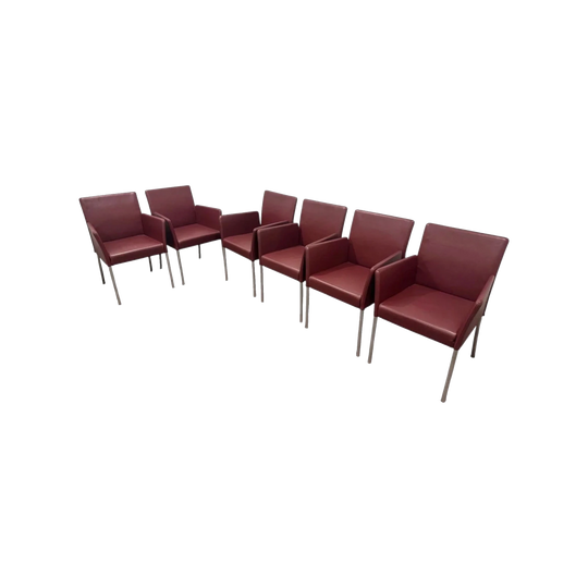 6x Walter Knoll Jason Leather Chairs – Genuine Designer Set | Burgundy, Steel Legs