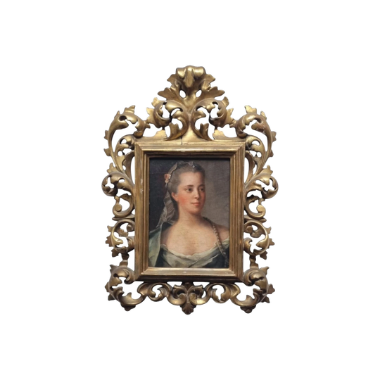 Antique Portrait Oil on Canvas on Panel, Probably After Jean‑Marc Nattier, in 19th‑Century Italian Carved Giltwood Frame