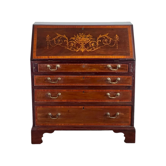 English George III Mahogany and Satinwood Inlaid Drop-Front Writing Bureau, Early 1800s